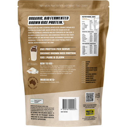 Back of 1kg Protein Supplies Australia Organic Brown Rice Protein bag showing nutritional panel and product details.