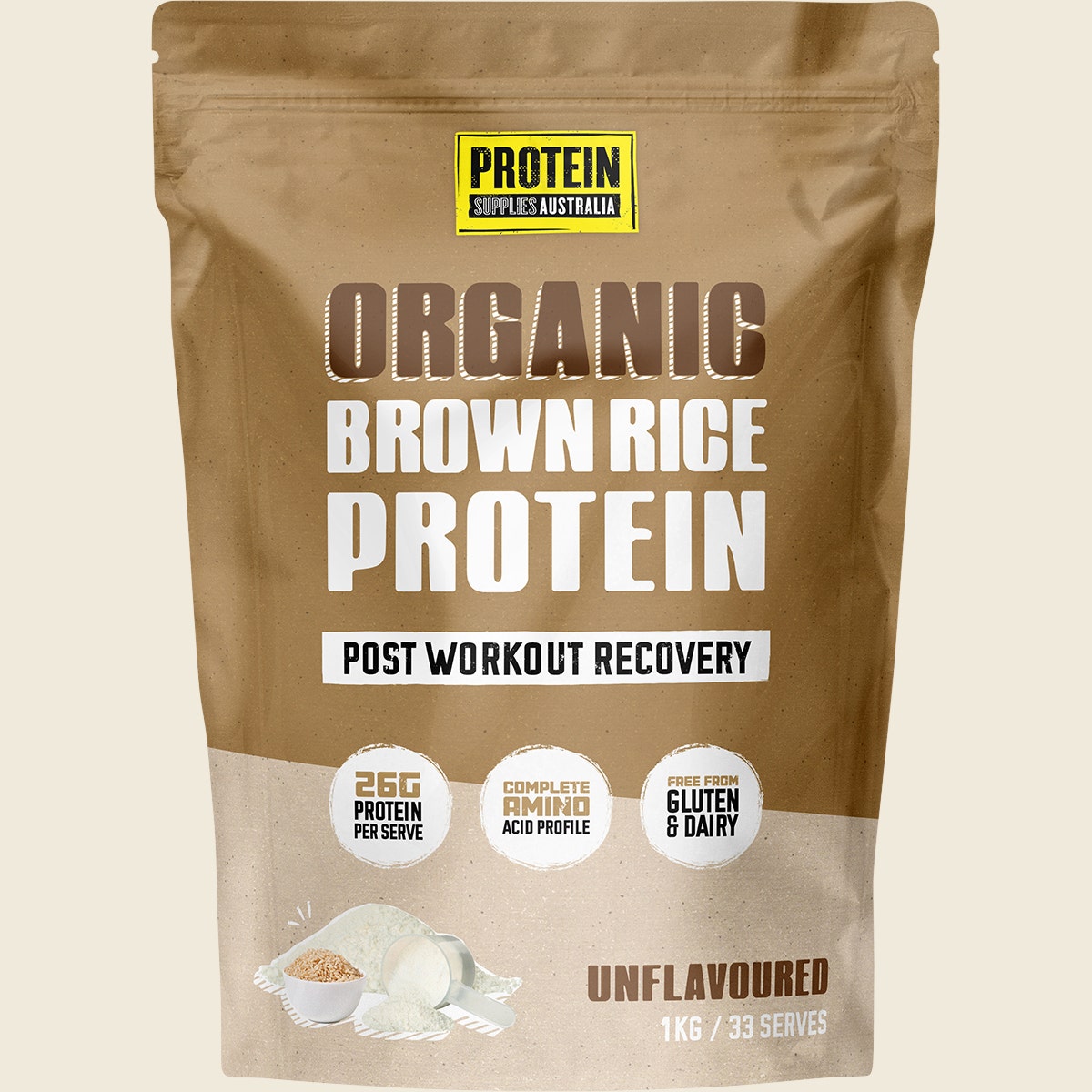 1kg bag of Protein Supplies Australia Organic Brown Rice Protein Unflavoured on a white background.