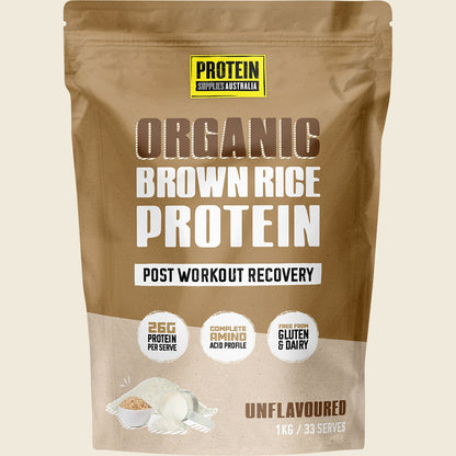 1kg bag of Protein Supplies Australia Organic Brown Rice Protein Unflavoured on a white background.