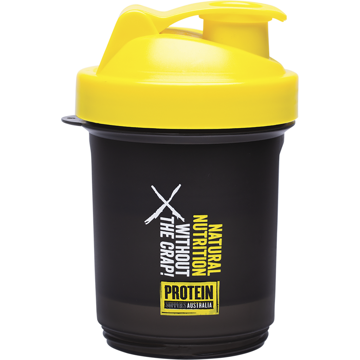 Black 400ml multi-compartment shaker bottle with storage for vitamins and protein powder.