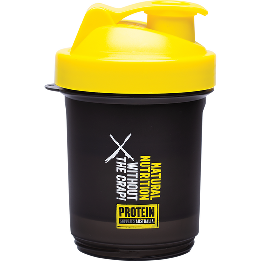 Black 400ml multi-compartment shaker bottle with storage for vitamins and protein powder.
