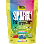 A stand-up pouch of Protein Supplements Australia Spark Pre-Workout in a sample pack format. The packaging features a vibrant gradient of blue, pink, and purple on the upper half, with a bright yellow lower half decorated with illustrations of fruit (raspberries, blueberries, lime, apple slices).