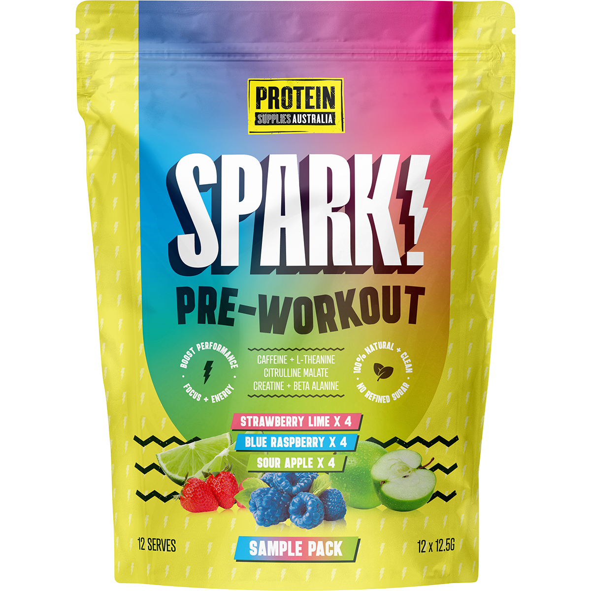 A stand-up pouch of Protein Supplements Australia Spark Pre-Workout in a sample pack format. The packaging features a vibrant gradient of blue, pink, and purple on the upper half, with a bright yellow lower half decorated with illustrations of fruit (raspberries, blueberries, lime, apple slices).