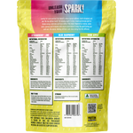 Back view of a yellow and green supplement pouch package, showing large text blocks with nutritional information, ingredients, and how-to-use instructions. The top has a pink-to-blue gradient banner reading 'UNLEASH YOUR SPARK!'.