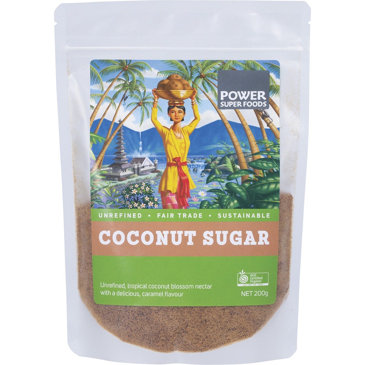 200g bag of Power Super Foods Certified Organic Coconut Sugar with a picture of a coconut and palm tree.