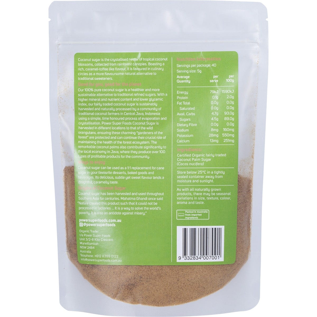 Back of a 200g bag of Power Super Foods Organic Coconut Sugar showing product information and nutritional benefits.