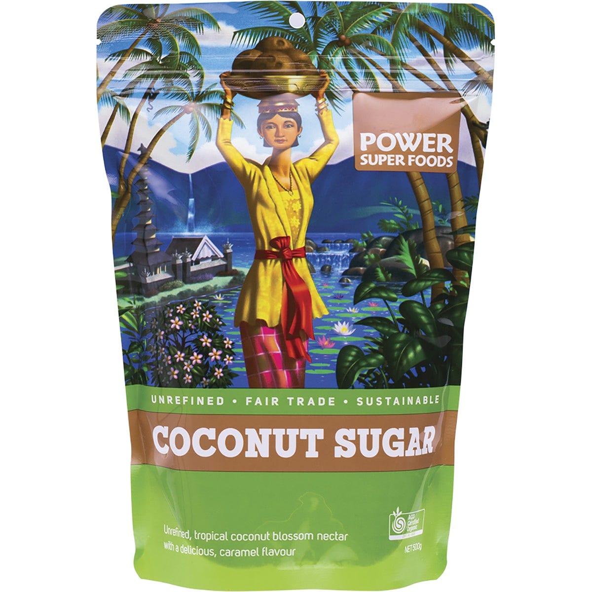 500g bag of Power Super Foods Certified Organic Coconut Sugar with a golden brown label and palm tree illustration.