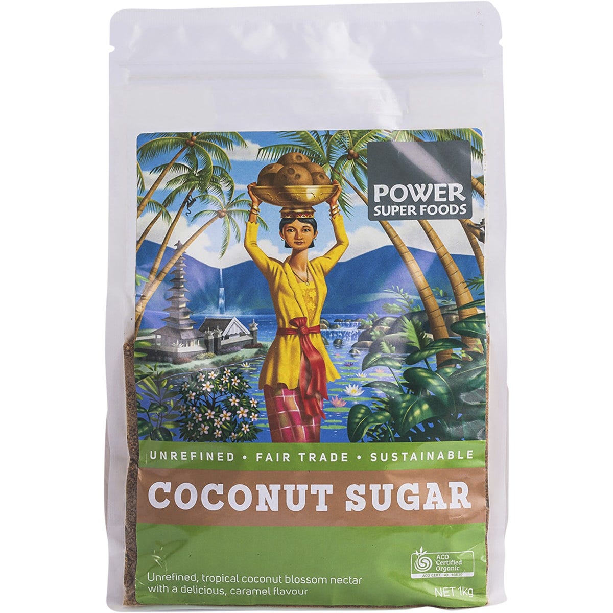 1kg bag of Power Super Foods Certified Organic Coconut Sugar with toffee-like flavor and low glycemic index.