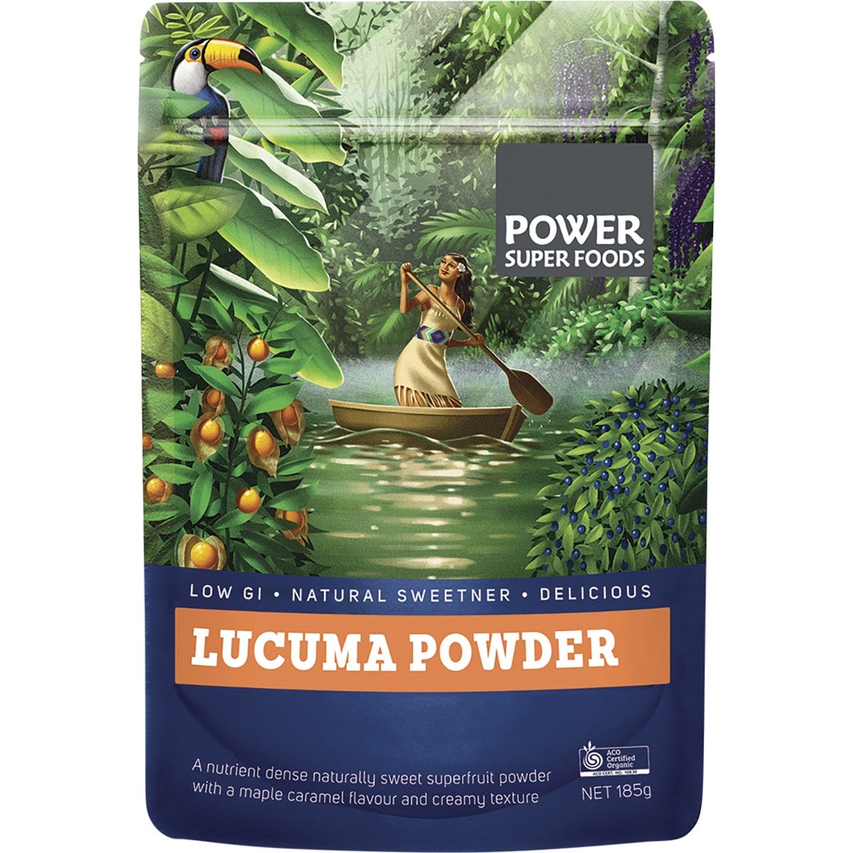 185g pouch of Power Super Foods Certified Organic Lucuma Powder featuring a yellow fruit illustration.