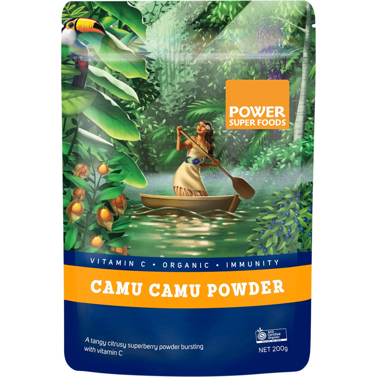 200g bag of Power Super Foods Certified Organic Camu Camu Powder, an Amazonian superfruit high in Vitamin C.