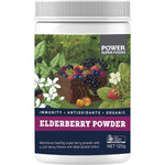 120g tub of Power Super Foods Certified Organic Elderberry Powder with a purple label on a white background.