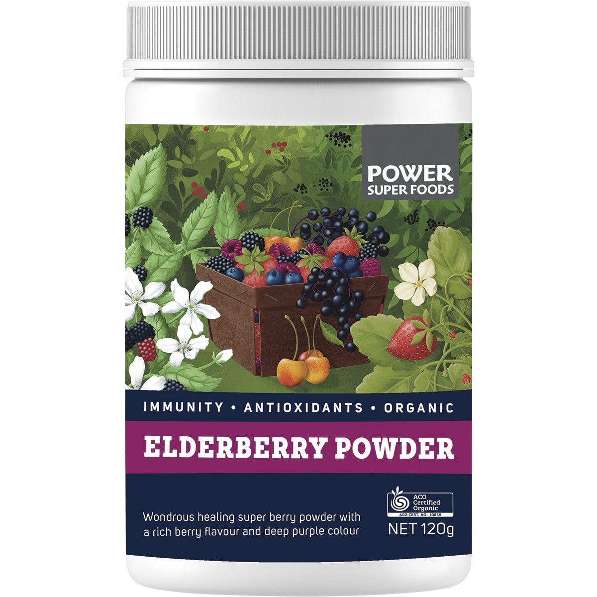 120g tub of Power Super Foods Certified Organic Elderberry Powder with a purple label on a white background.