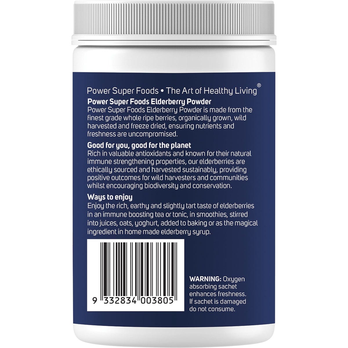 Back of Power Super Foods Elderberry Powder 120g tub with nutrition facts, ingredients, and usage directions.
