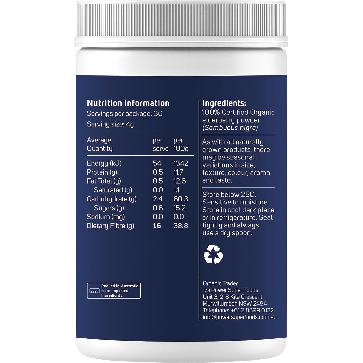 Deep purple organic elderberry powder in a small glass bowl with a wooden spoon on a white background.