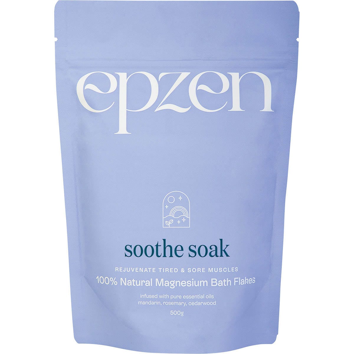 Epzen Soothe Soak 500g bag of magnesium bath flakes with mandarin and cedarwood essential oils.