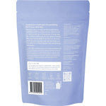 Back of purple 500g Epzen Soothe Soak bag with product details, usage instructions, and ingredients on a white background.
