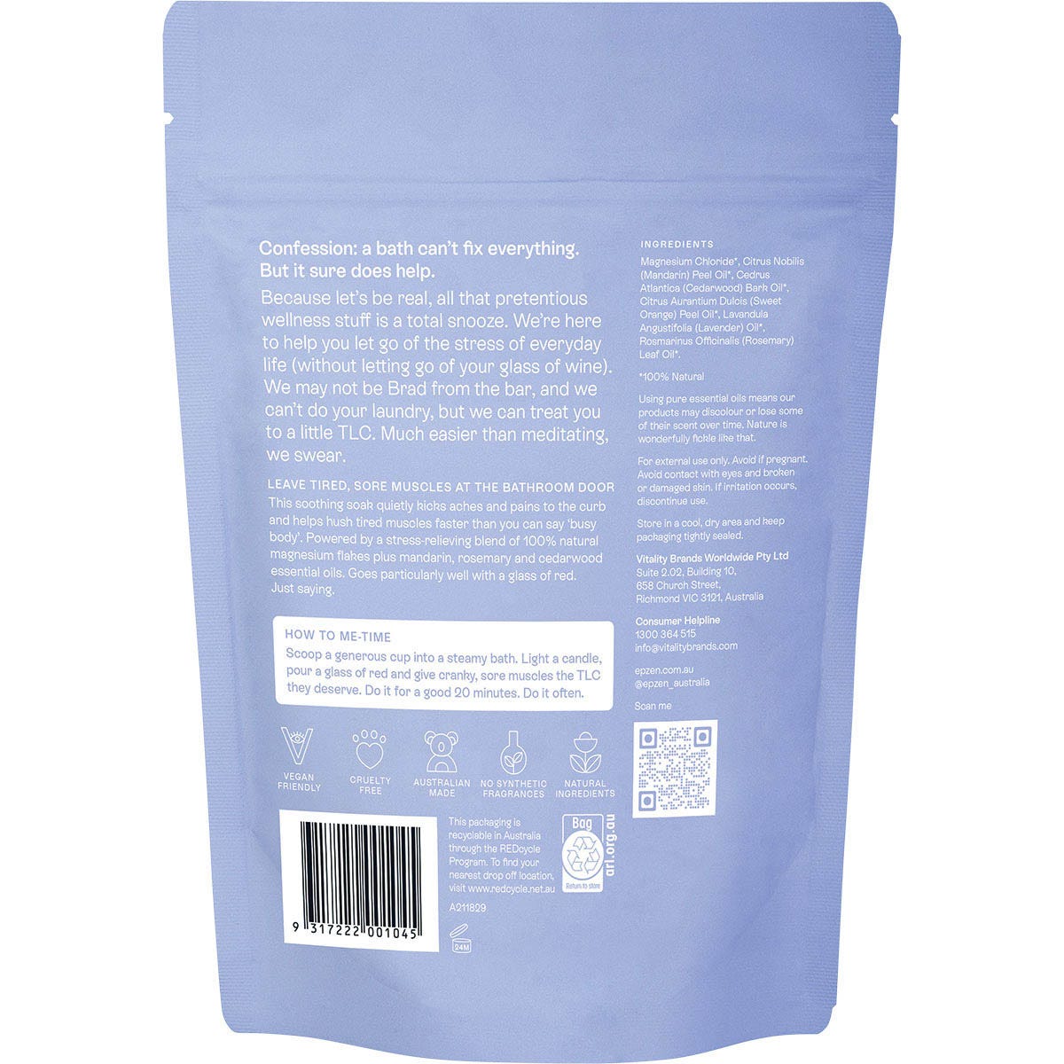 Back of purple 500g Epzen Soothe Soak bag with product details, usage instructions, and ingredients on a white background.