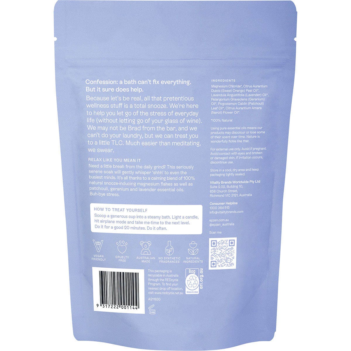 Back of Epzen Calm Soak 500g magnesium bath flakes bag showing product details and usage instructions.