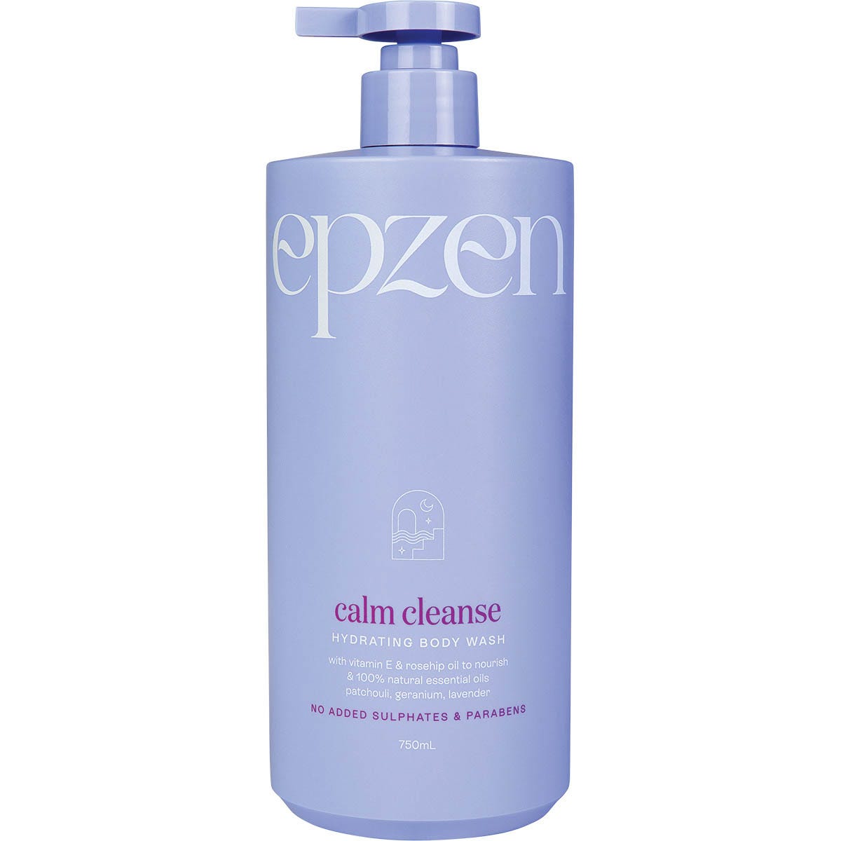 750ml bottle of Epzen Calm Cleanse Hydrating Body Wash with rosehip oil and vitamin E on a white background.
