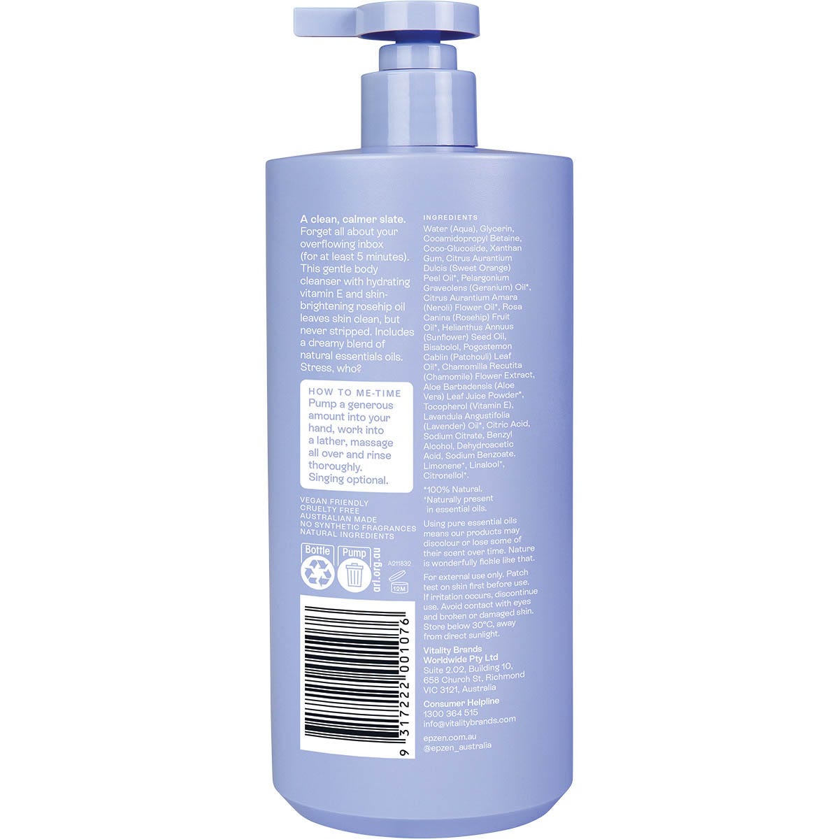 Back view of the 750ml Epzen Calm Cleanse Hydrating Body Wash bottle with product details and a barcode.