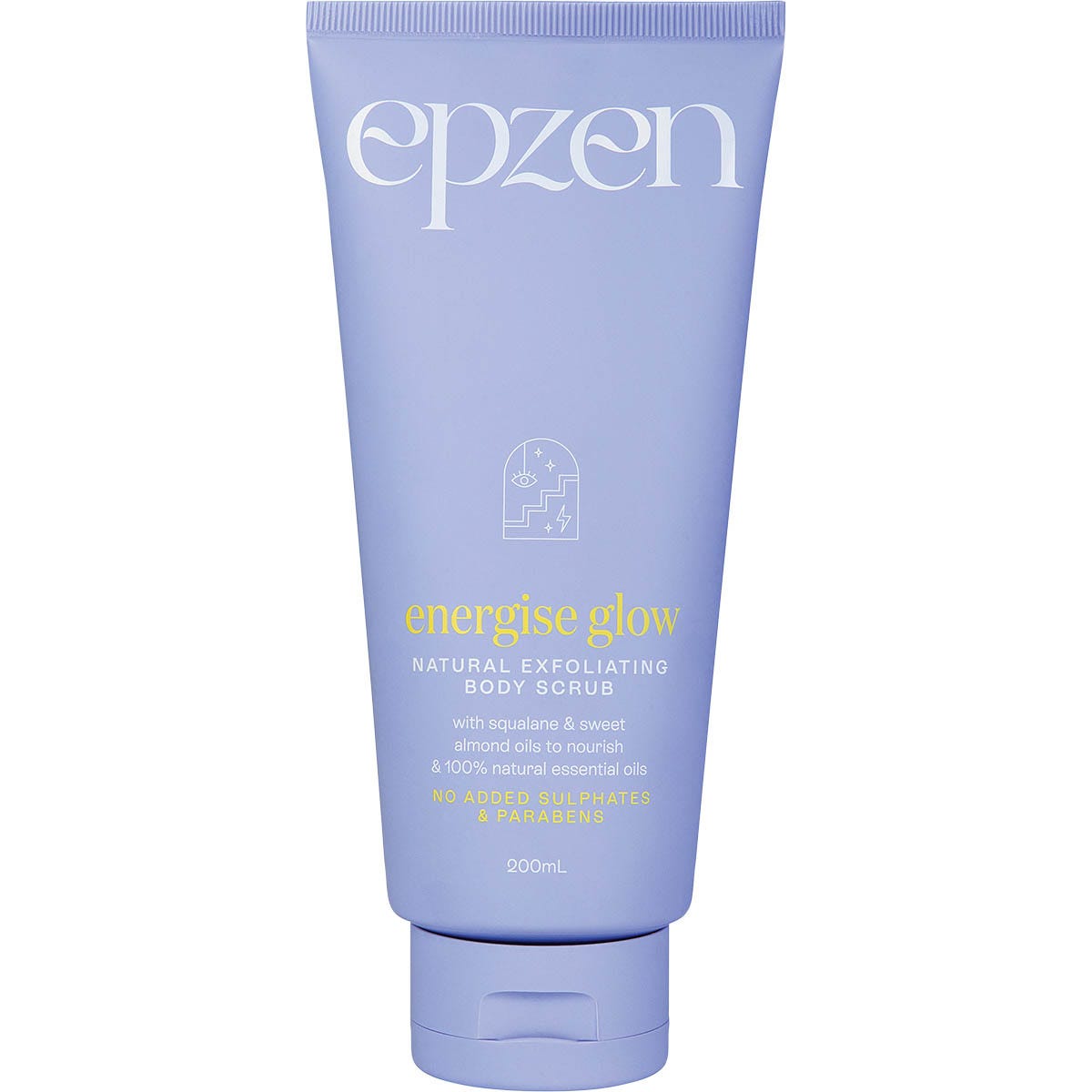Epzen Energise Glow 200ml tube of natural exfoliating body scrub with walnut shell powder and squalane oil.