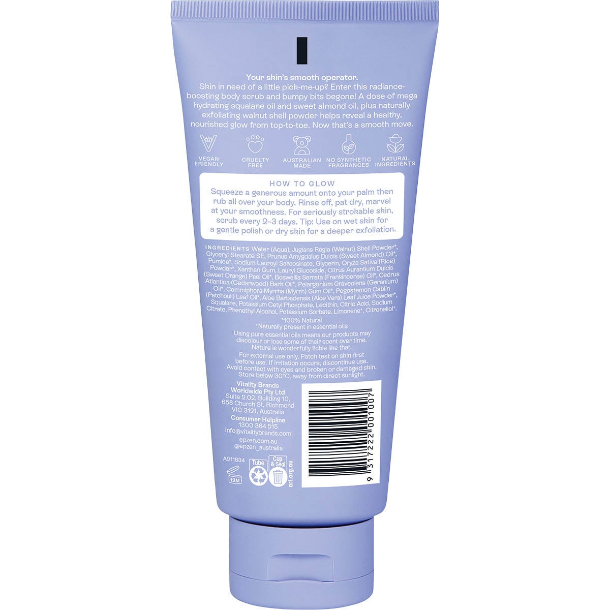 Back of Epzen Energise Glow Body Scrub 200ml tube showing ingredients, directions, and Australian made logo.