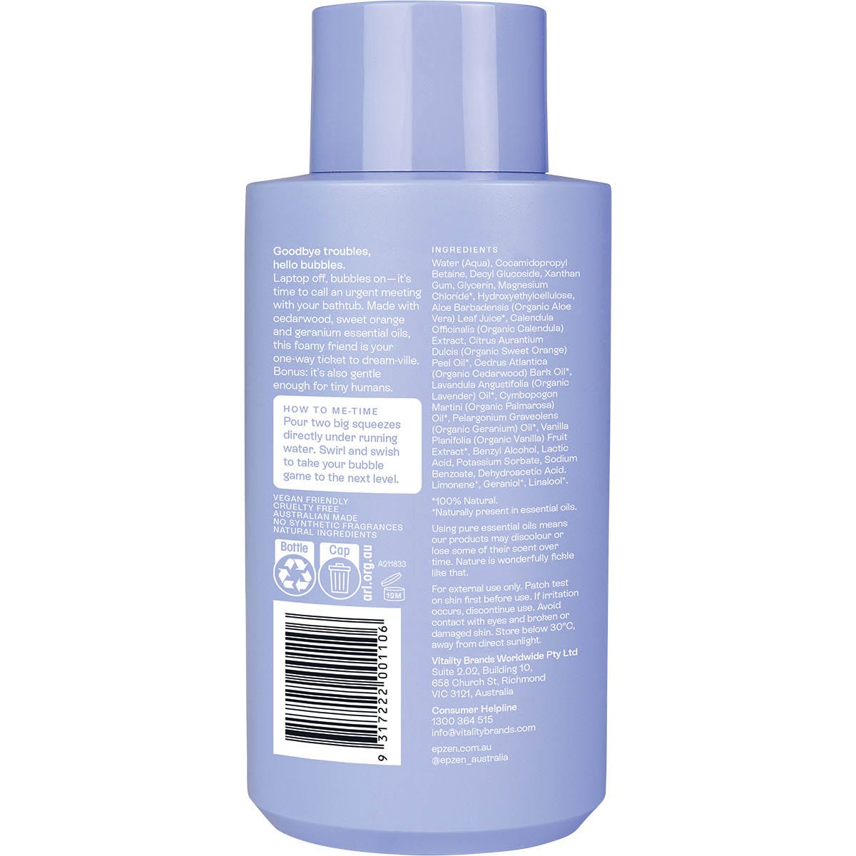 Back of the 500ml Epzen Dream Bubble bottle showing natural ingredients, directions, and magnesium benefits.