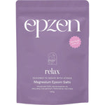 900g bag of Epzen Magnesium Epsom Salts Relax featuring a purple label with a white botanical illustration.