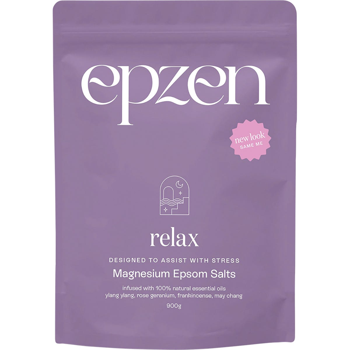 900g bag of Epzen Magnesium Epsom Salts Relax featuring a purple label with a white botanical illustration.