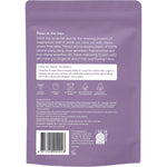 Back of Epzen Magnesium Epsom Salts Relax 900g bag with product details, directions, and ingredients on a purple label.