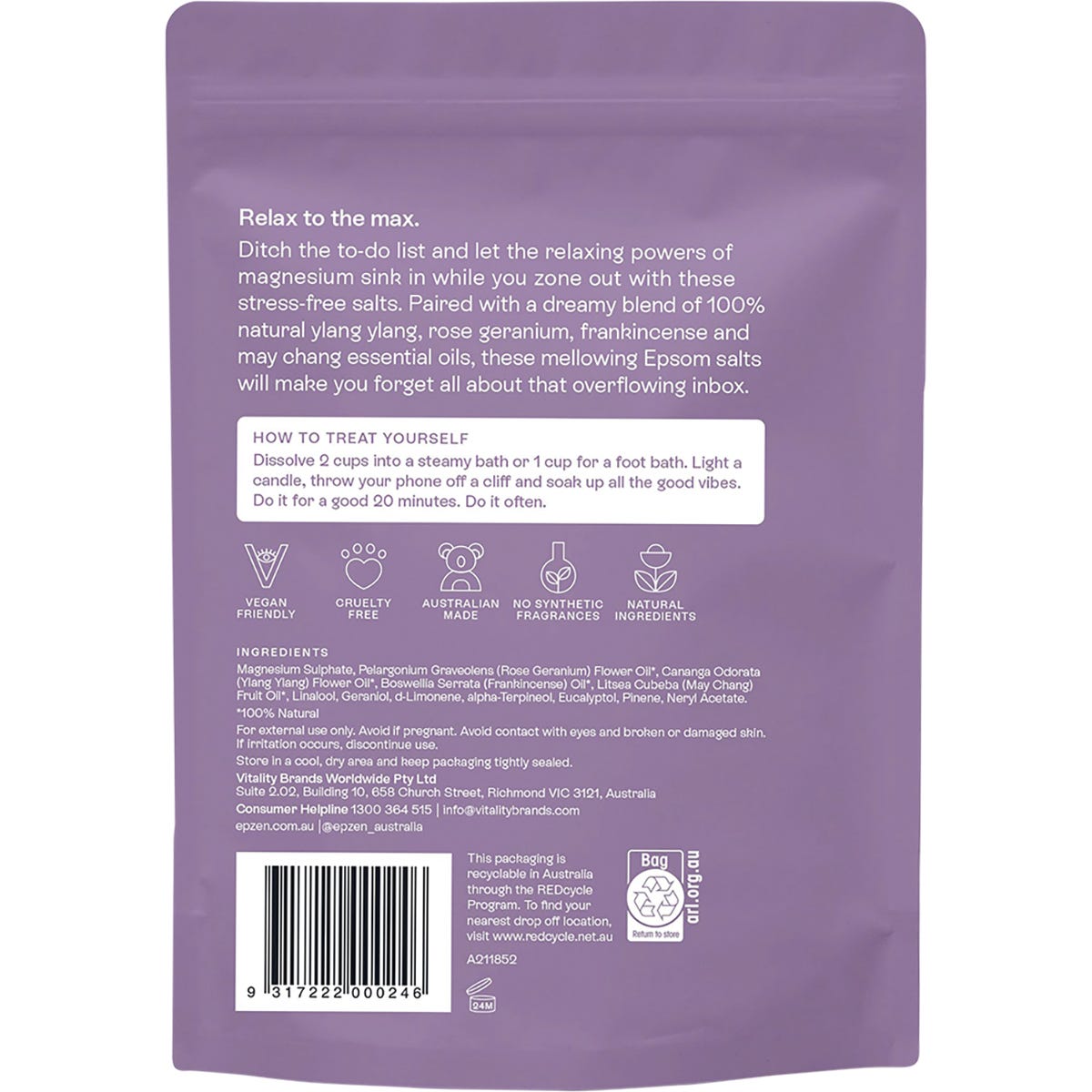 Back of Epzen Magnesium Epsom Salts Relax 900g bag with product details, directions, and ingredients on a purple label.