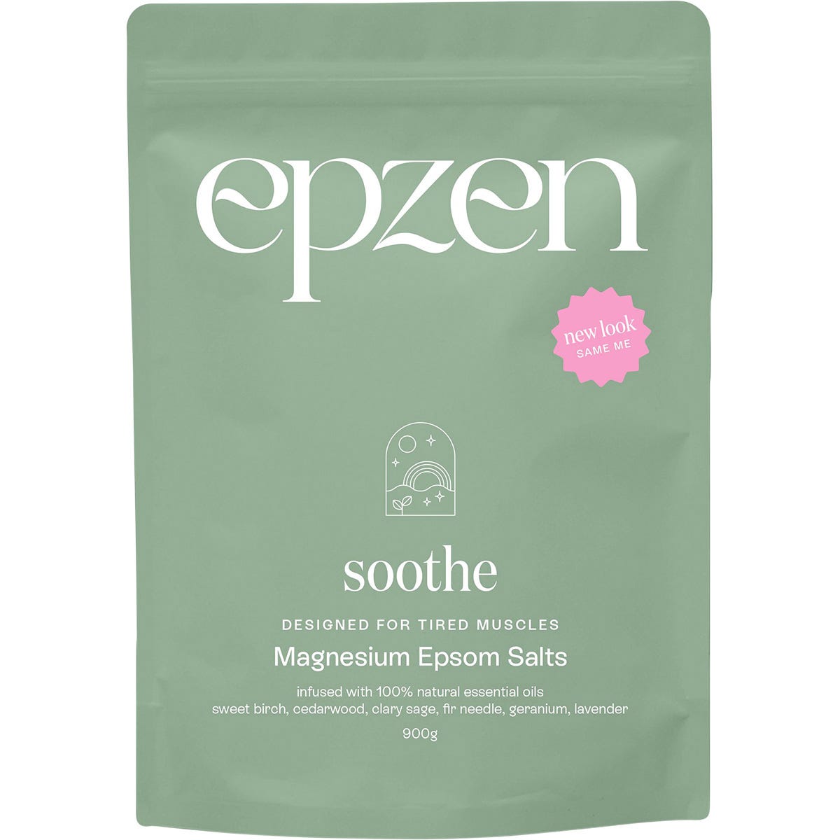 900g bag of Epzen Magnesium Epsom Salts Soothe with clary sage and geranium for tired muscle relief.
