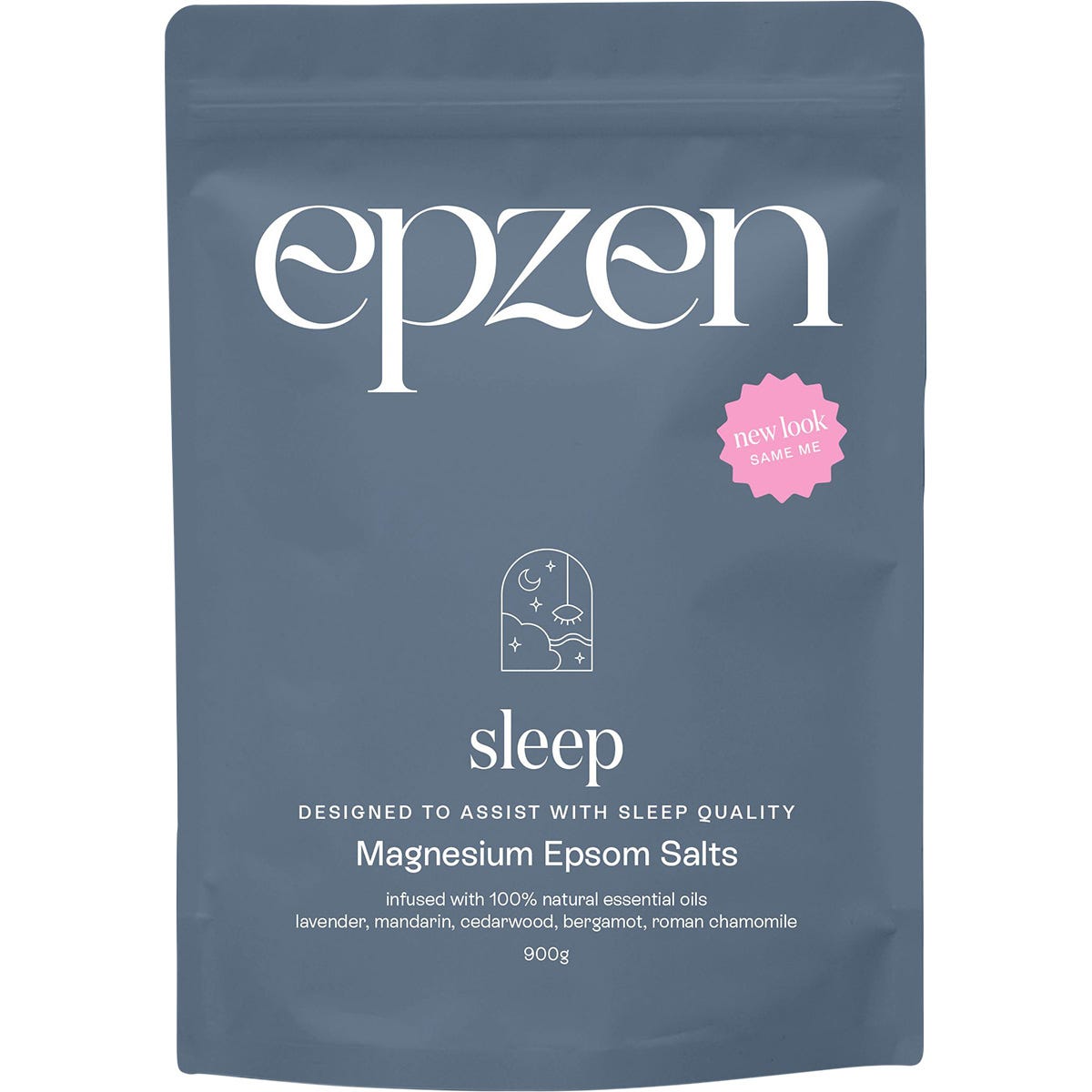 900g bag of Epzen Magnesium Epsom Salts Sleep with lavender and chamomile on a dark background.