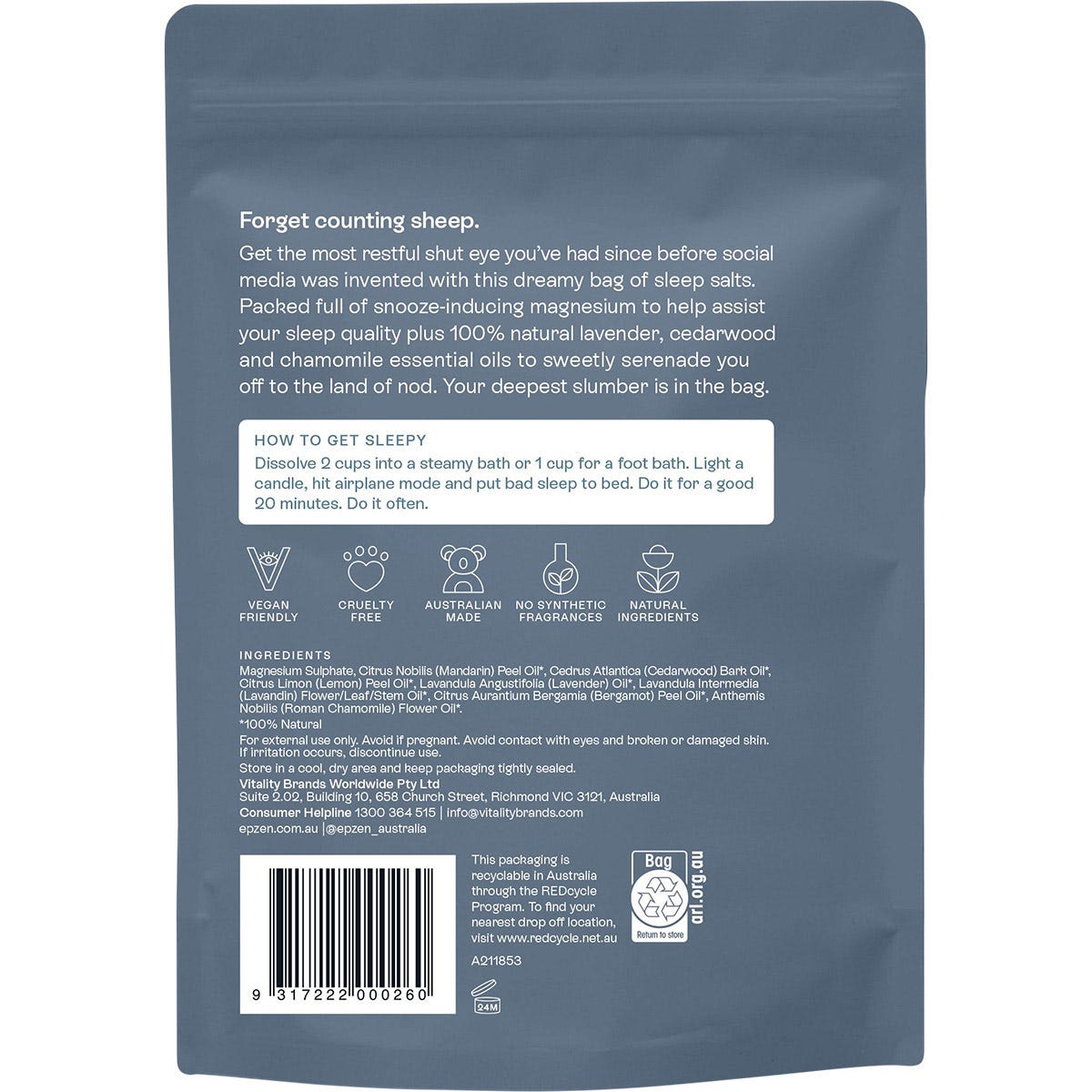 Back of Epzen Magnesium Epsom Salts Sleep 900g bag featuring product information and instructions.