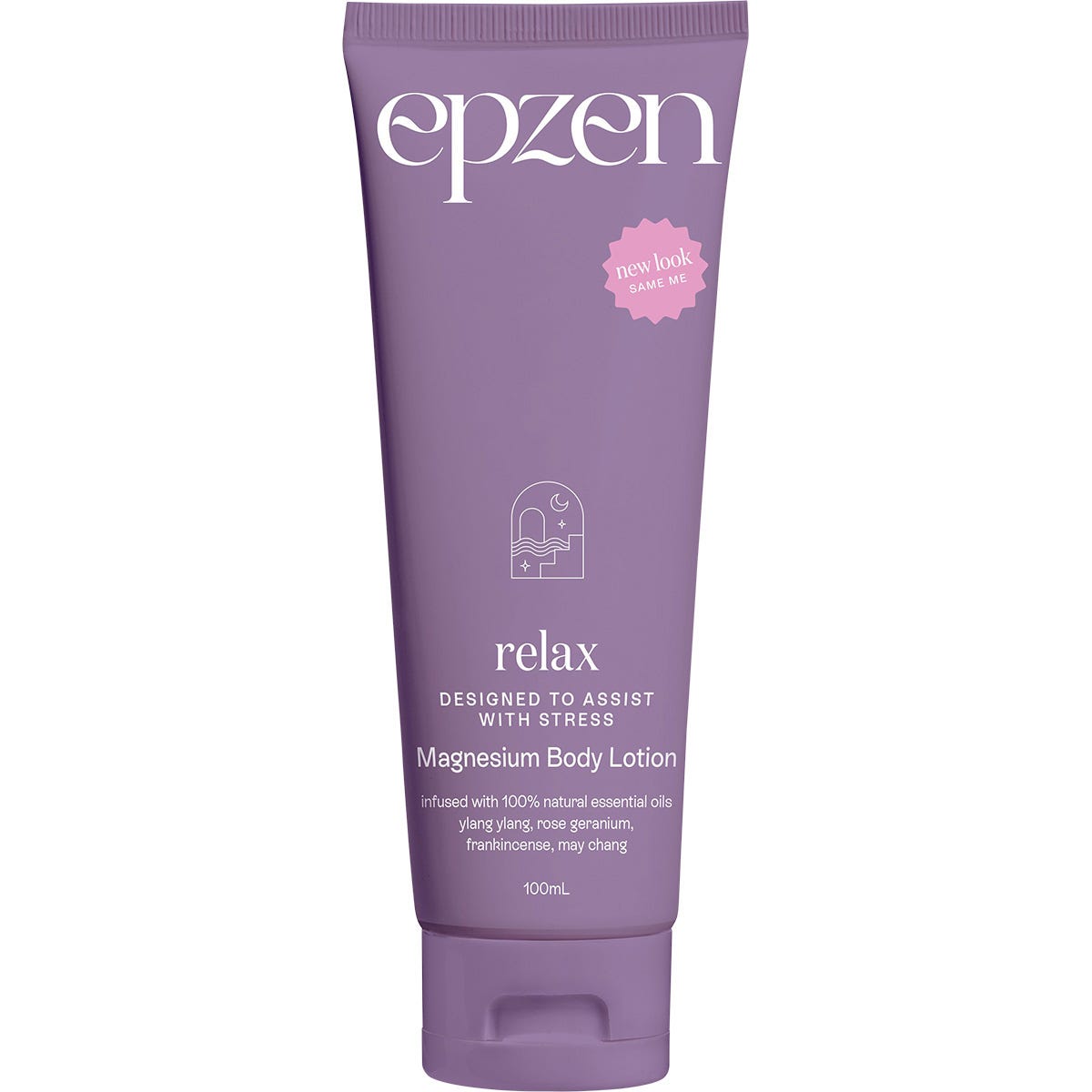 100ml tube of Epzen Magnesium Body Lotion Relax with a purple label and 100% natural essential oils.