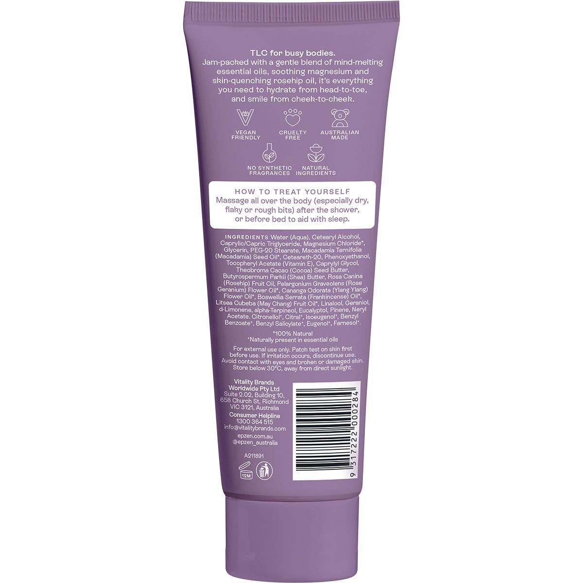 Back of 100ml tube of Epzen Magnesium Body Lotion Relax with product details and directions on a white background.