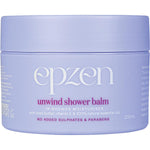 Purple 200ml tub of Epzen Unwind Shower Balm in-shower moisturiser with a white screw-top lid.