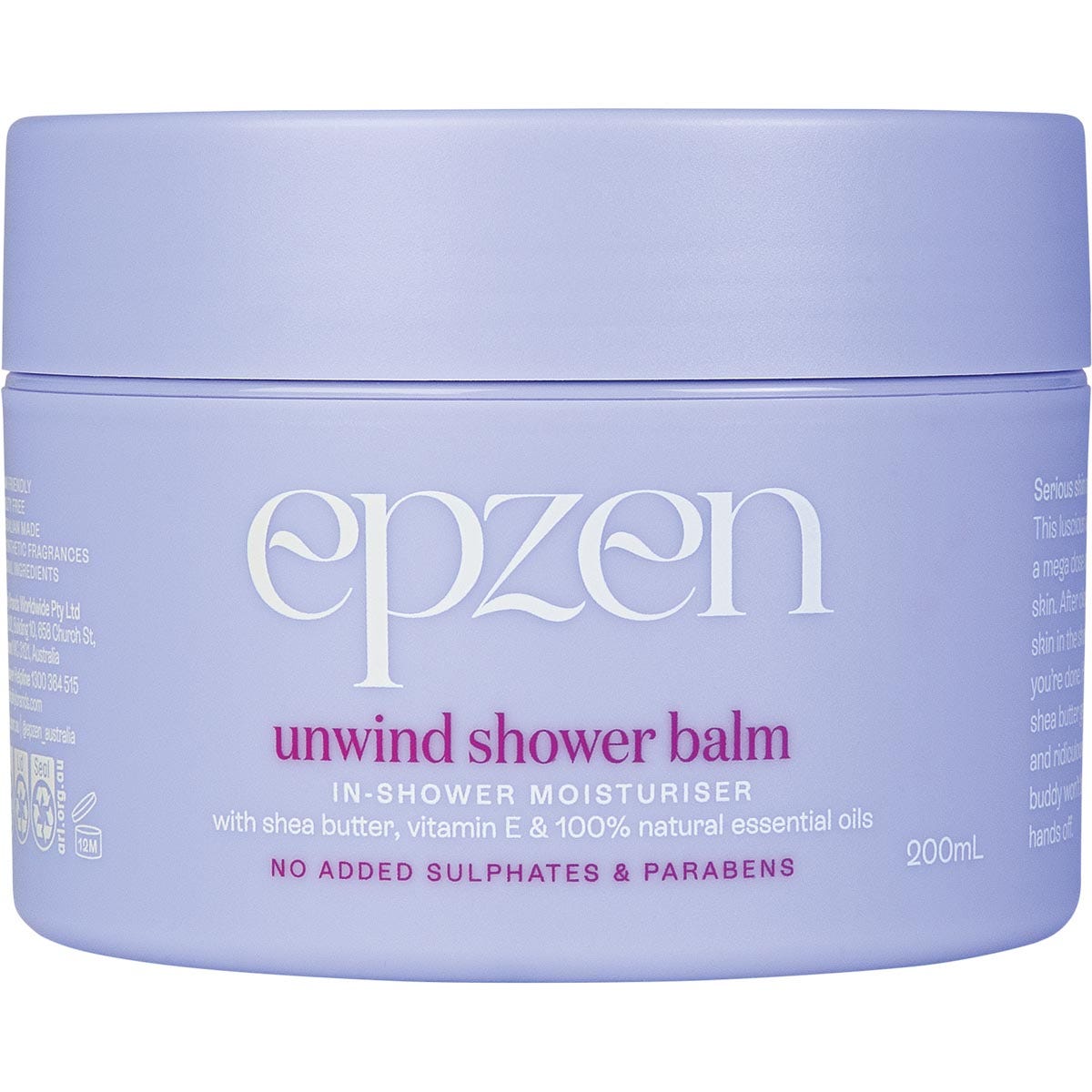 Purple 200ml tub of Epzen Unwind Shower Balm in-shower moisturiser with a white screw-top lid.