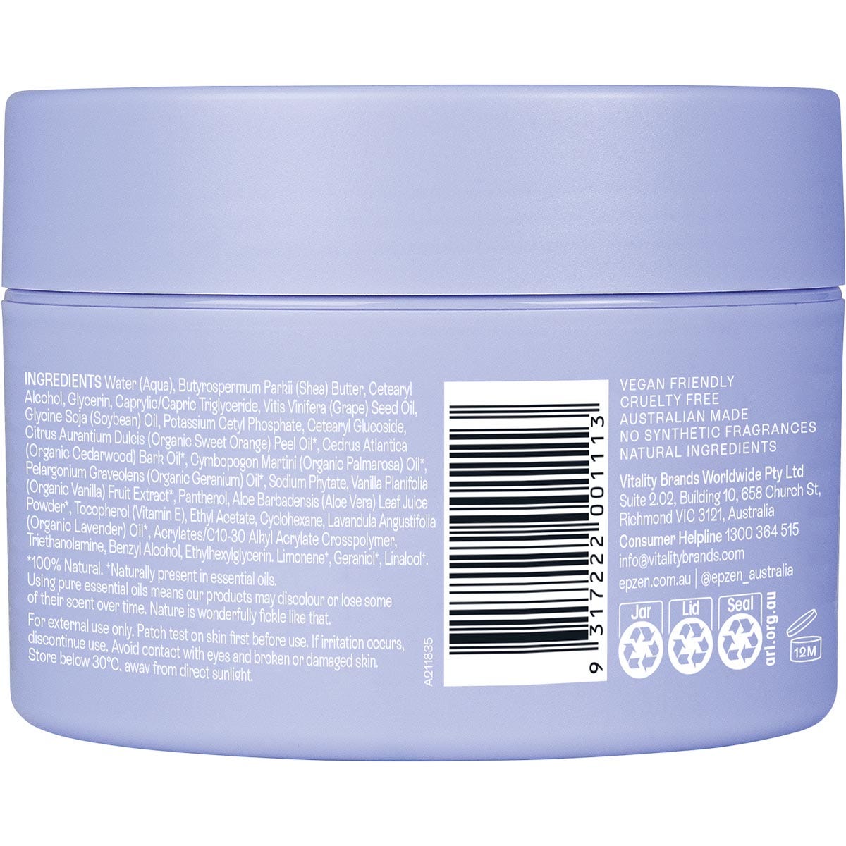 Purple 200ml tub of Epzen Unwind Shower Balm on a white background, showing the side and white screw-top lid.