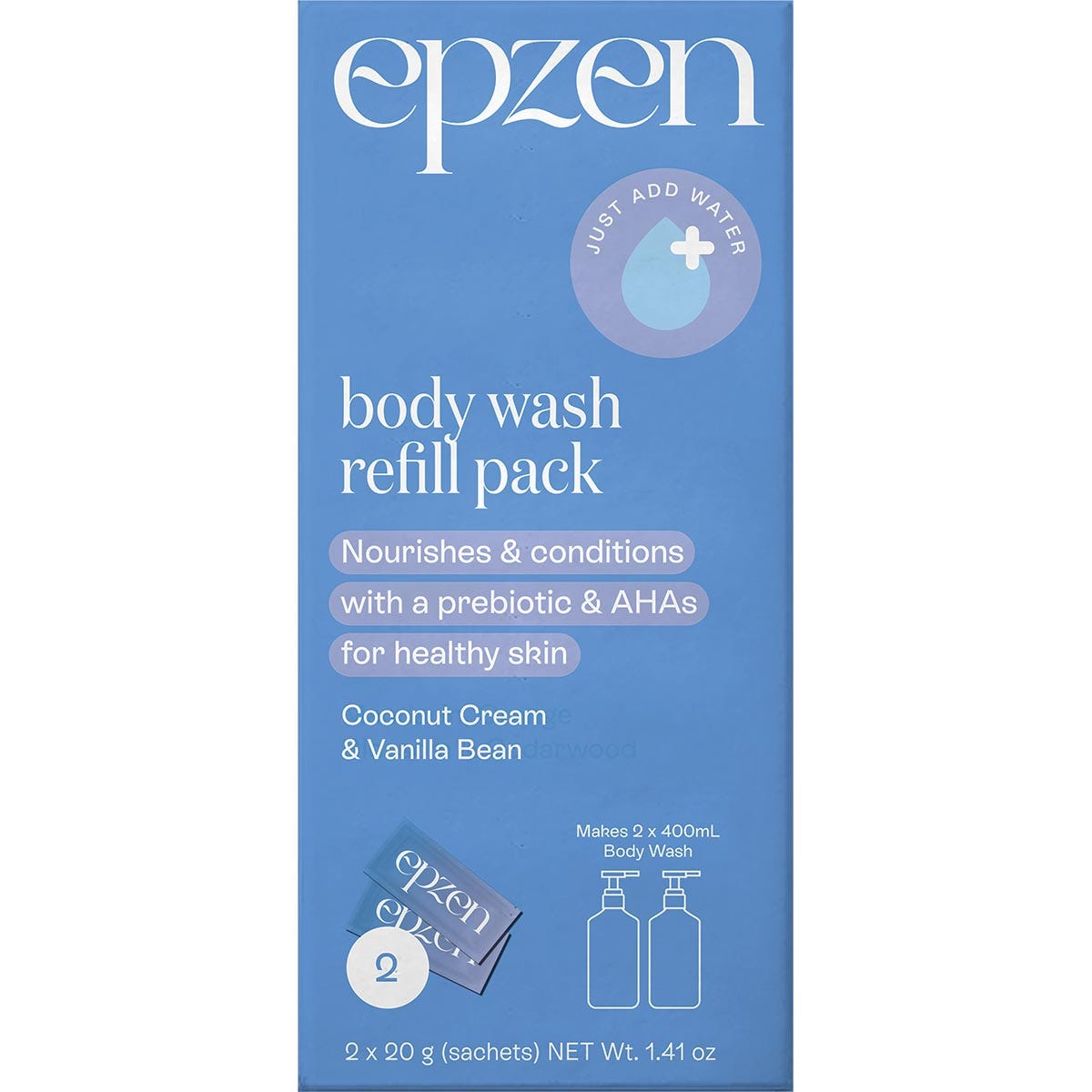 Epzen Coconut Cream and Vanilla Bean body wash refill sachet on a white background.