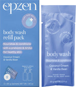 Two Epzen Coconut Cream and Vanilla Bean body wash refill sachets with a reusable aluminium pump bottle.