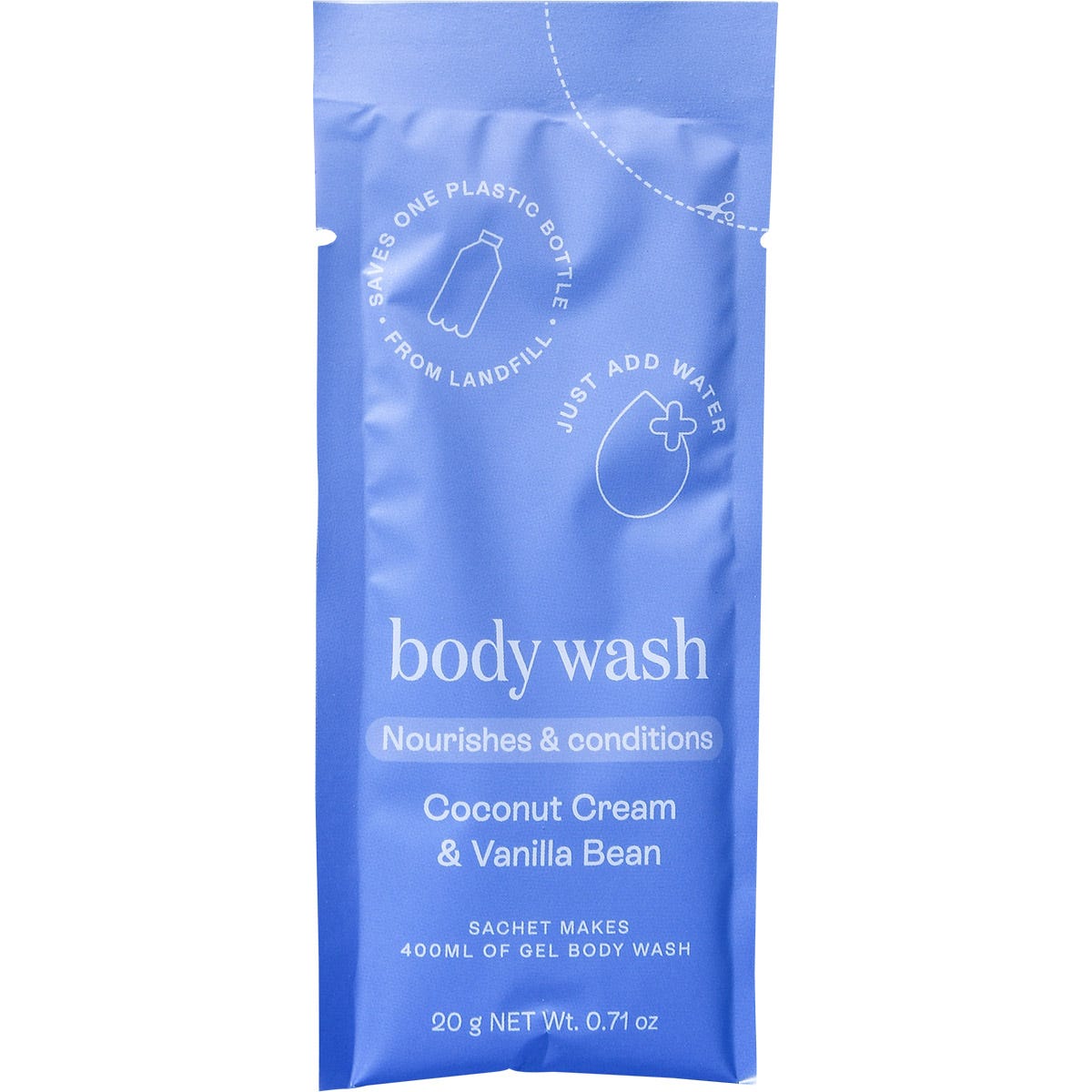 Single Epzen Coconut Cream and Vanilla Bean body wash refill sachet on a white background.