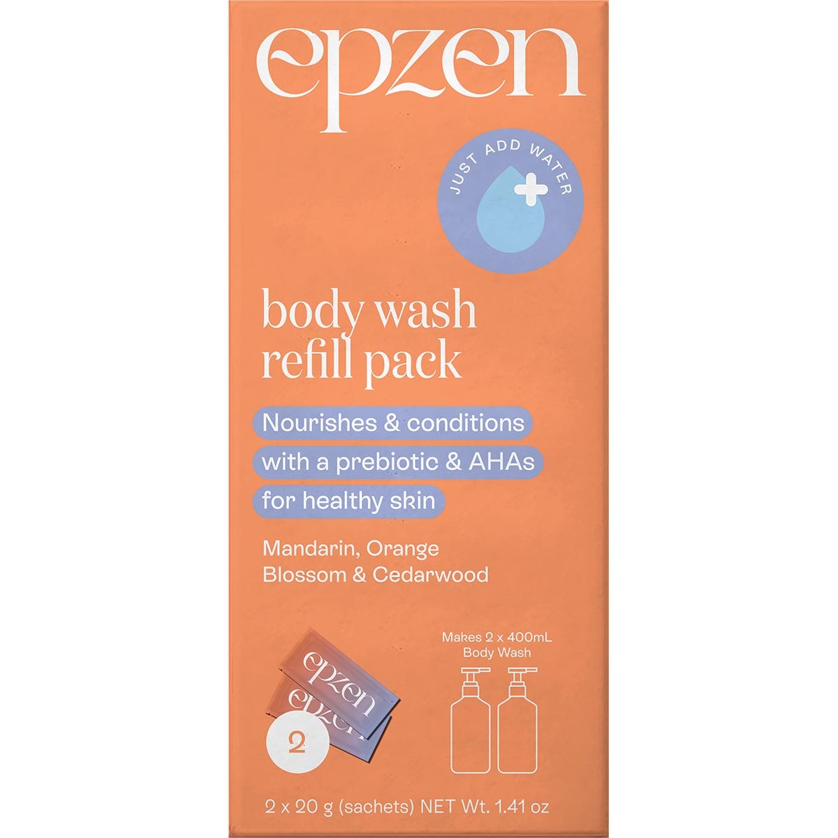 Epzen Body Wash refill sachet with mandarin, orange blossom, and cedarwood scent in white and orange packaging.