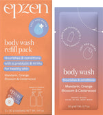 Two Epzen Body Wash refill sachets with mandarin and orange blossom scent, featuring white and orange packaging.
