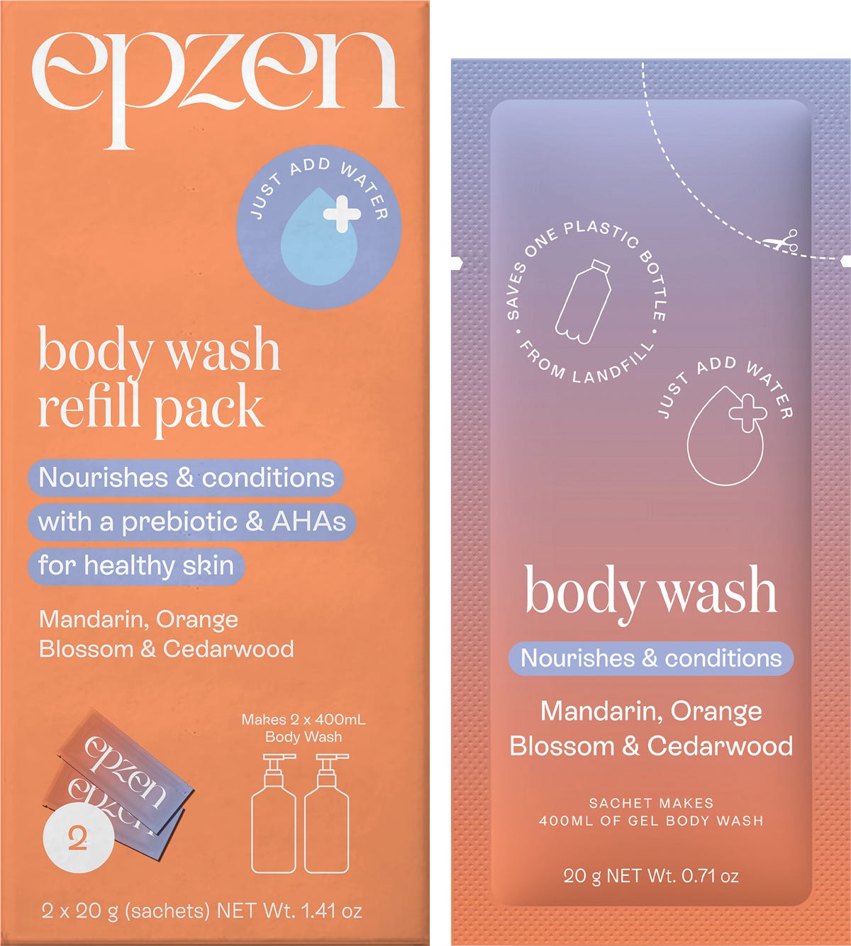 Two Epzen Body Wash refill sachets with mandarin and orange blossom scent, featuring white and orange packaging.