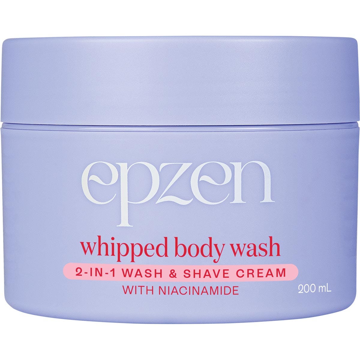 Epzen 200ml Whipped Body Wash tub with marshmallow extract and niacinamide on a white background.