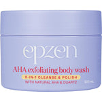 Epzen AHA Exfoliating Body Wash 200ml tub with a pink label featuring botanical illustrations.