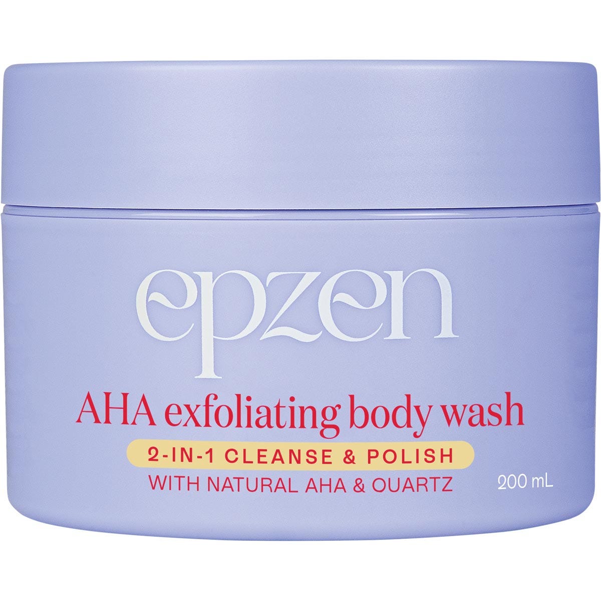 Epzen AHA Exfoliating Body Wash 200ml tub with a pink label featuring botanical illustrations.