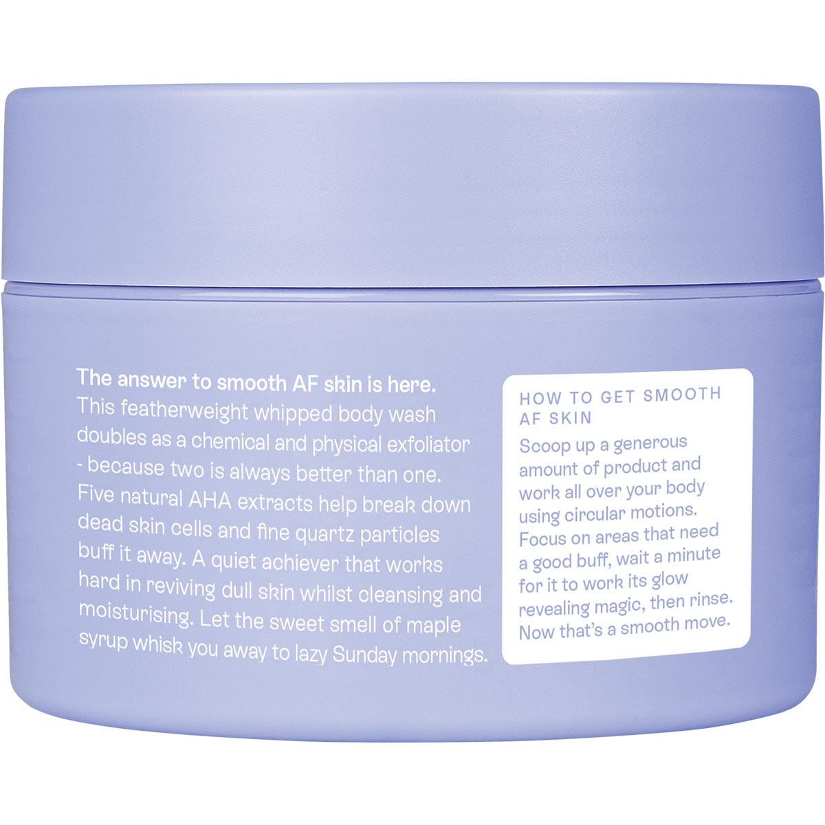 Side view of Epzen AHA Exfoliating Body Wash 200ml tub showing key ingredients and directions for use.