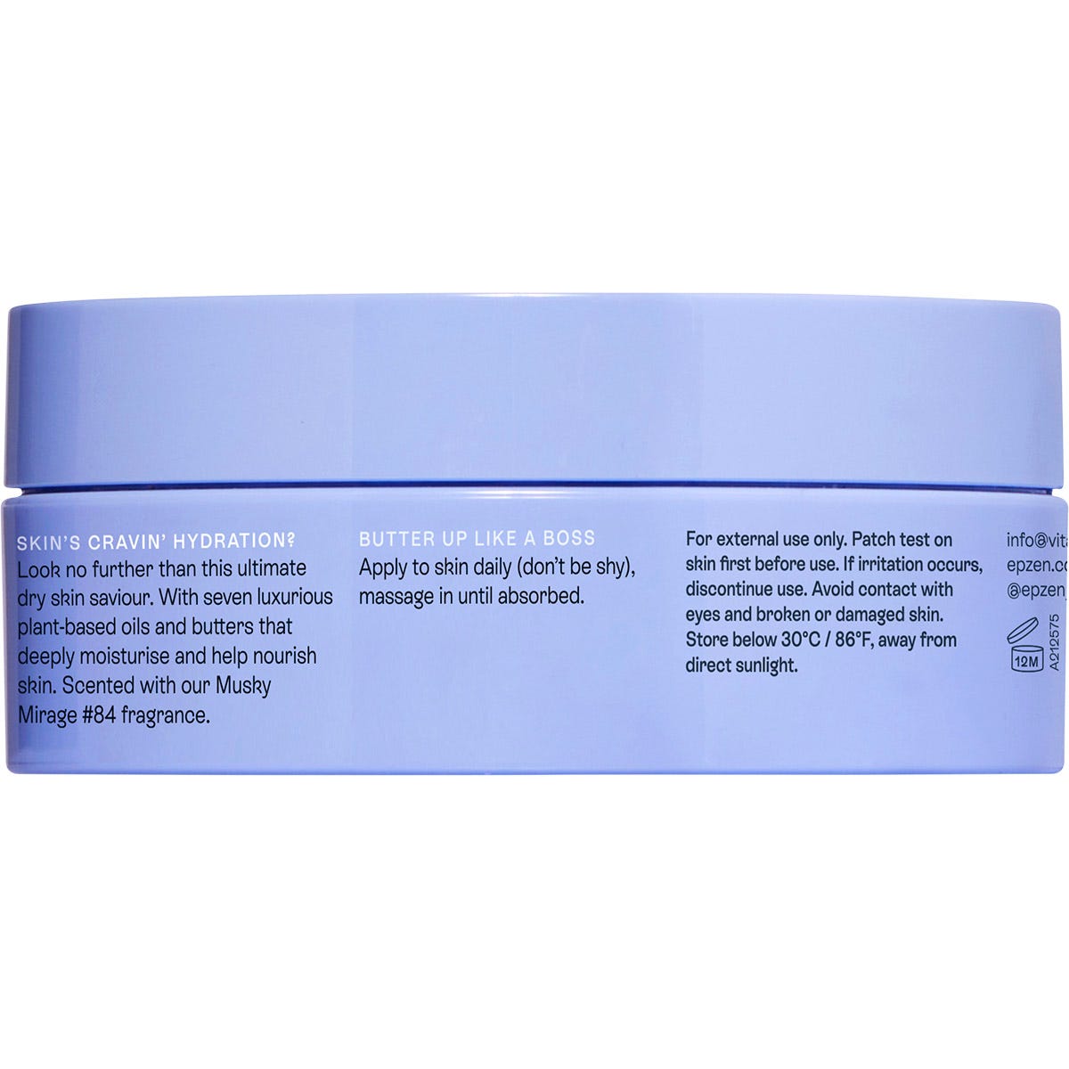 Back of a 150ml tub of Epzen Body Butter showing ingredient list and directions on a purple label.